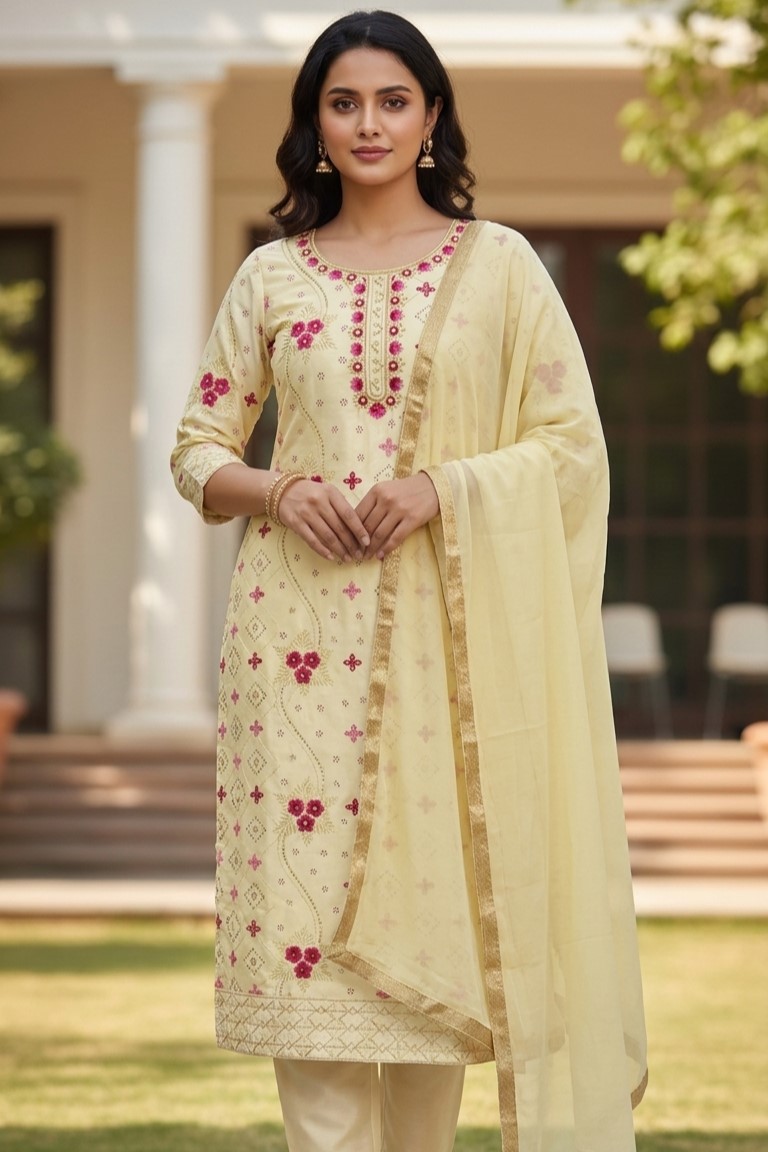 Cream Satin Suit Salwar Dress Material with Duppatta