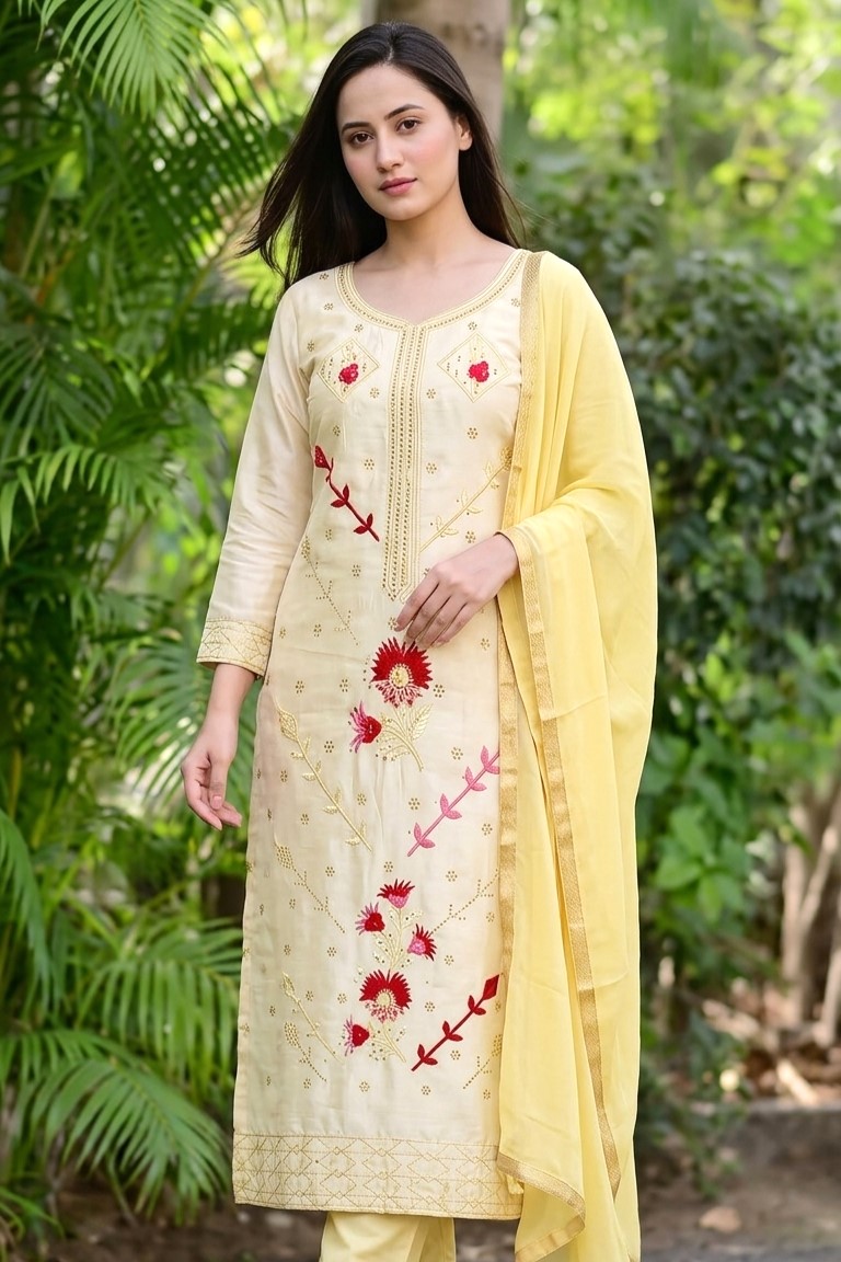 Cream Satin Suit Salwar Dress Material with Duppatta