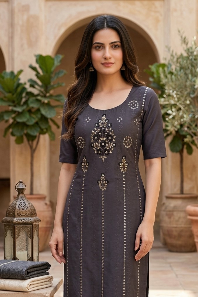 Coffee Colour Embroided Kurti