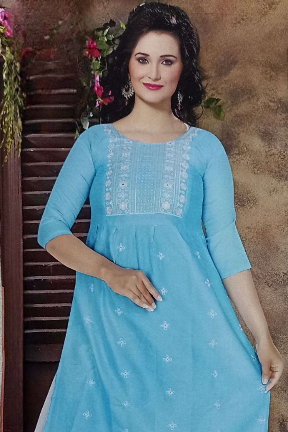 Sky Blue Rayon  Embroidered Kurti