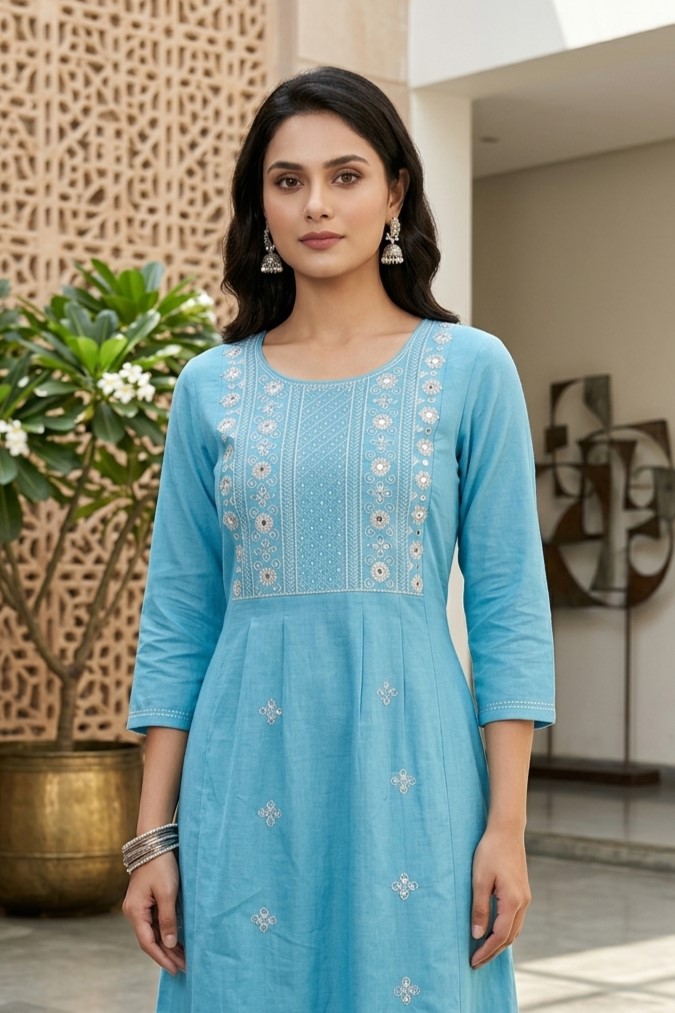 Sky Blue Rayon  Embroidered Kurti