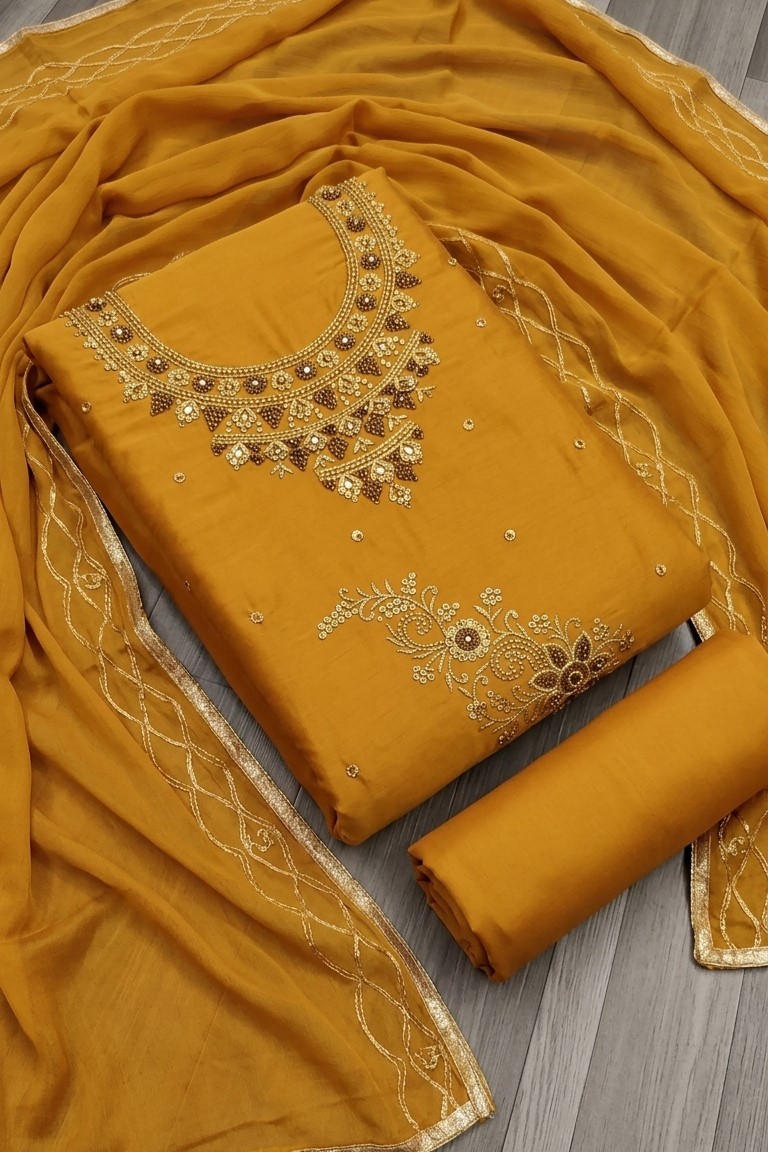 Mustard Cotton Mix Suit Salwar Dress Material with Duppatta