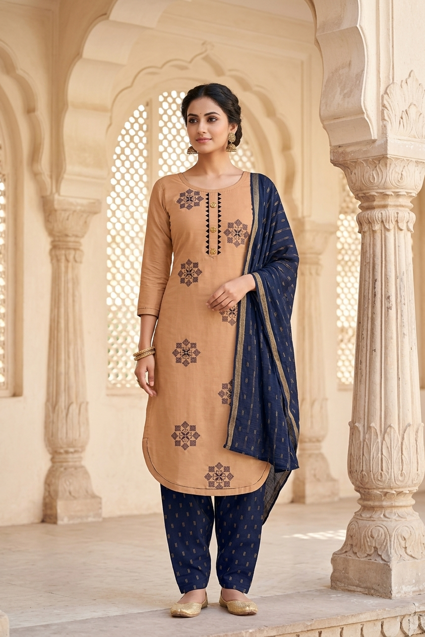 Light Brown Cotton Suit Salwar Dress Material with Dupatta