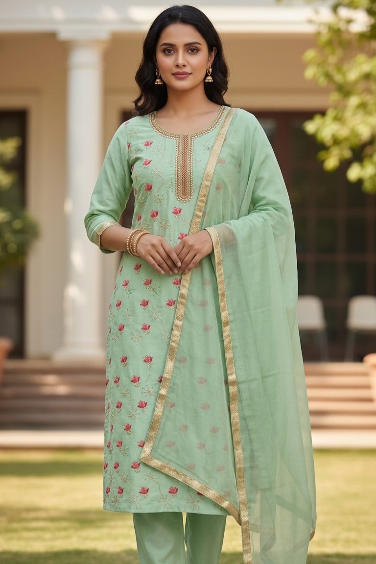 Green Cotton Suit Salwar Dress Material With Dupatta