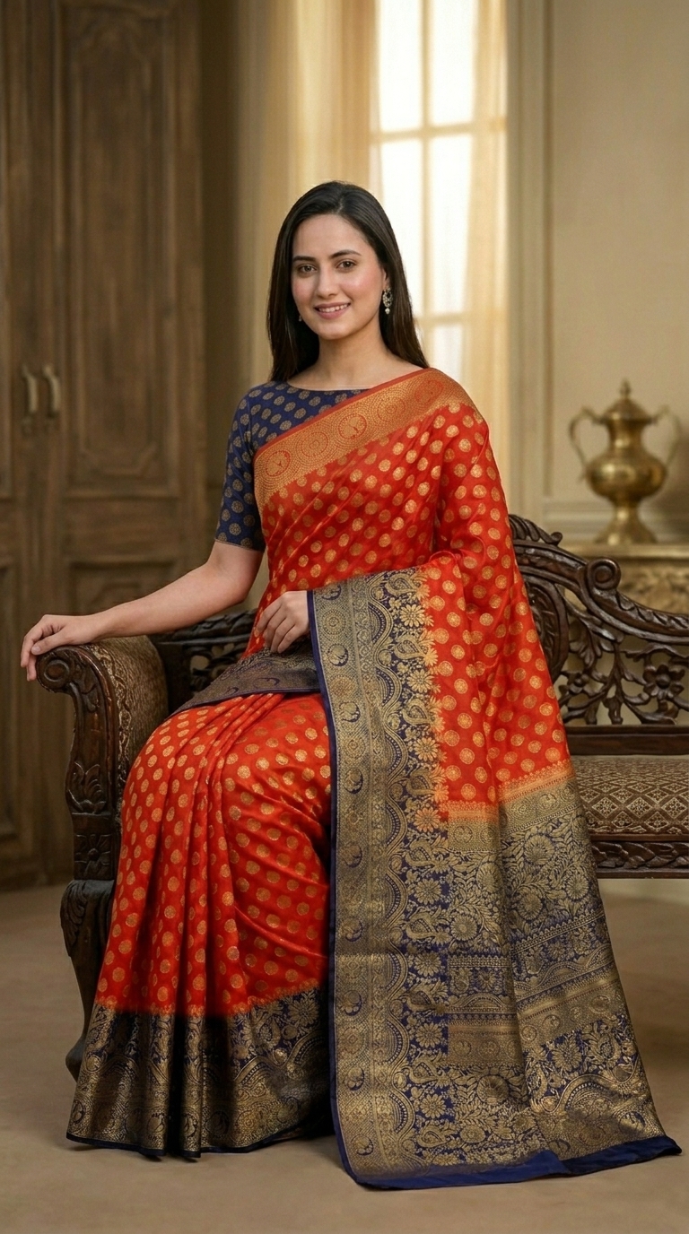 Jacquard Orange Silk Saree