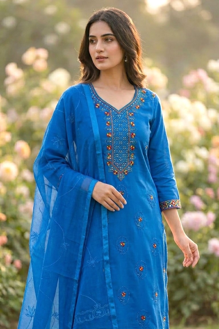Blue Cotton Suit Salwar Dress Material With Dupatta
