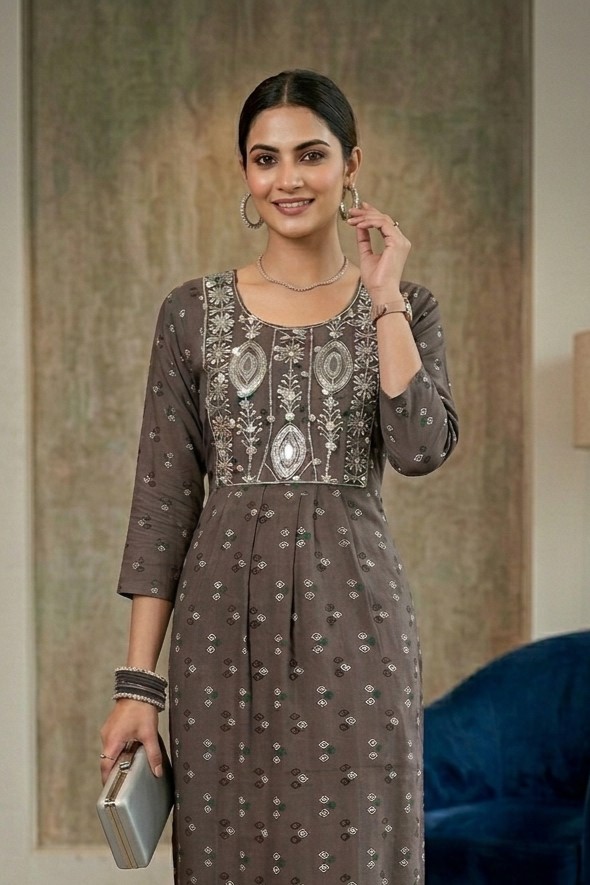 Brown Colour Embroided Kurti - Image 3
