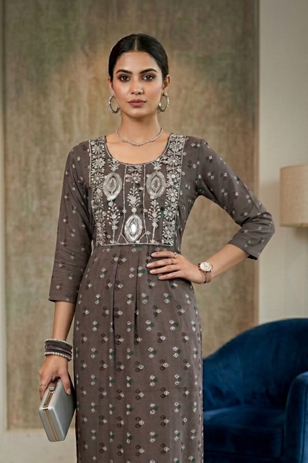 Brown Colour Embroided Kurti
