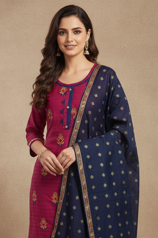 Magenta Cotton Suit Salwar Dress Material with Duppatta